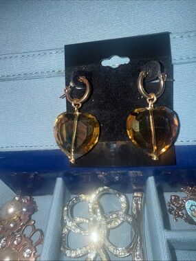 😍Vintage 1/20 14K Gold Heart Drop Earrings with Crystal Hearts